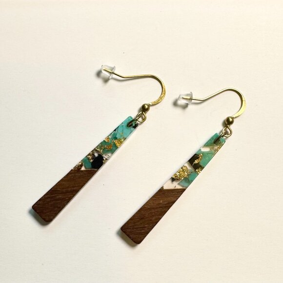 Handmade Retro Walnut Gold Leaf Turquoise Black Resin Boho Trapezoid Earrings - Picture 2 of 6